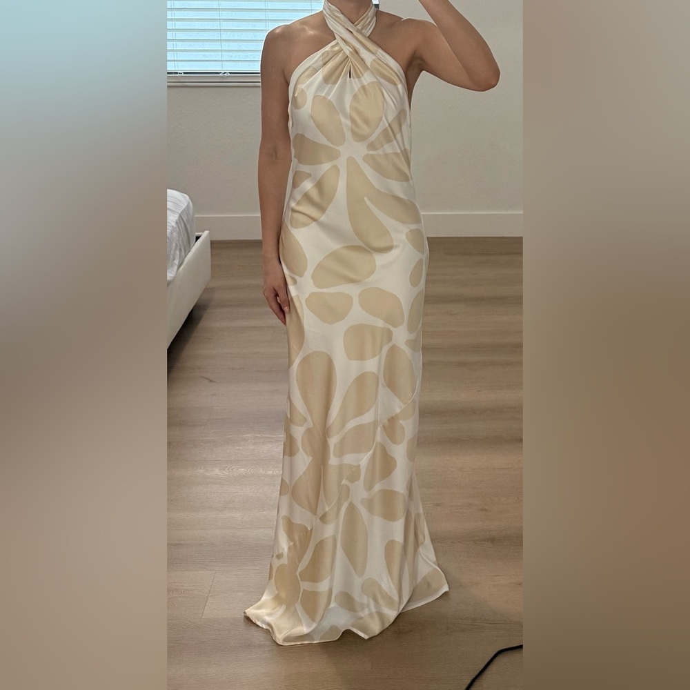 Show Me Your MuMu Jasmine Halter Dress Cream and Tan Patterned Dress